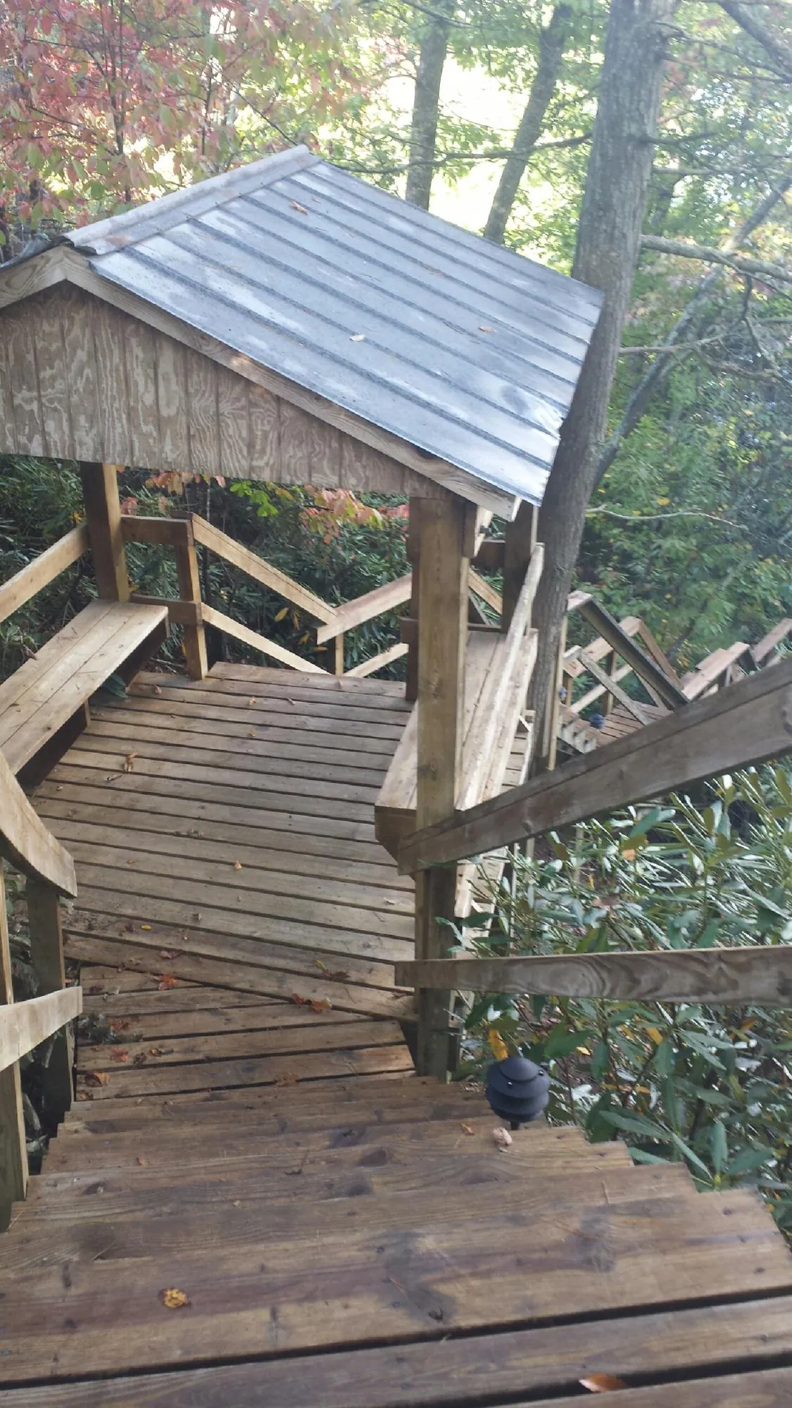 Metal roofed shelter over wooden steps on a wooded walkway — Skylight Repair & Installation work by our crew in Medford